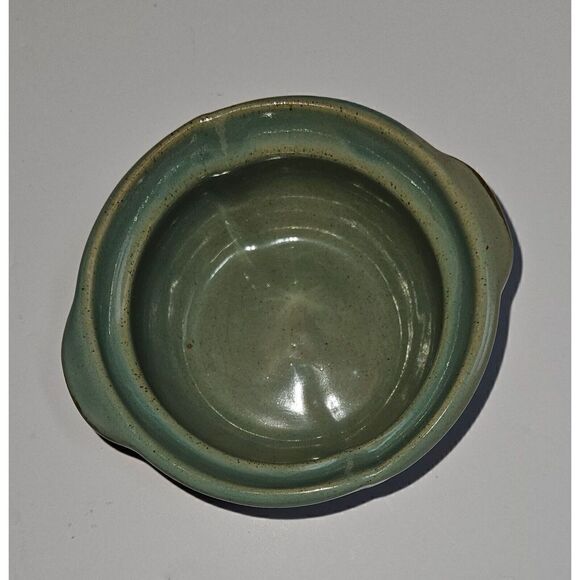 Vintage Brown Glazed Pottery Small Dish Bowl Turquoise Handles & Interior - Picture 1 of 7